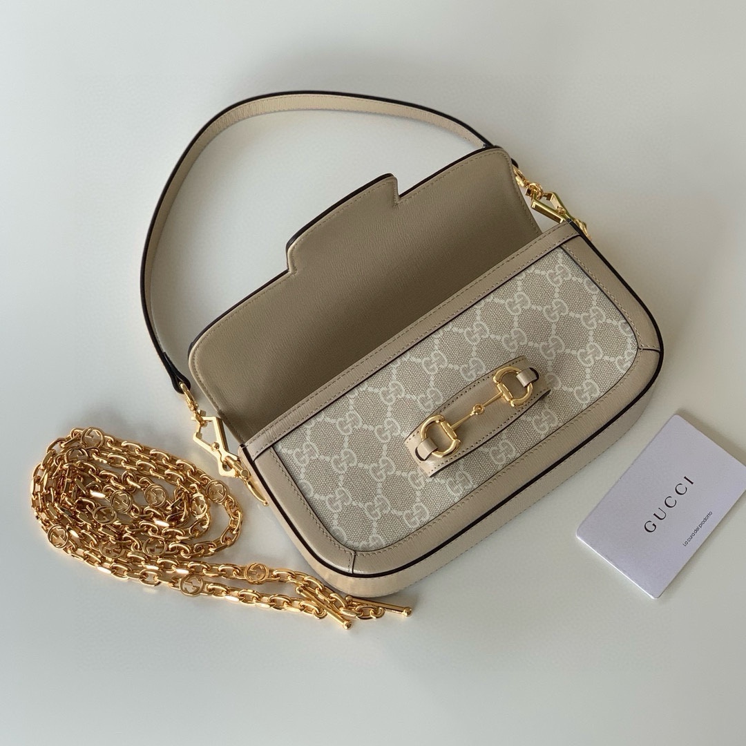 Gucci Horsebit 1955 Series Shoulder Bag Clutch Bag Beige and White